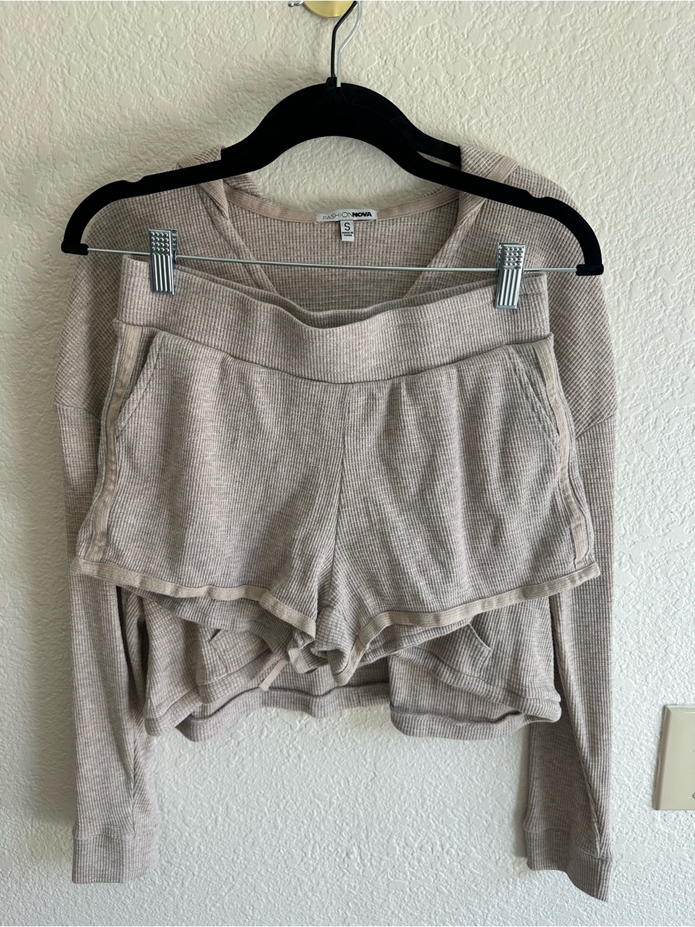 Fashion Nova Beige Waffle Knit Lounge Set - Top & Shorts